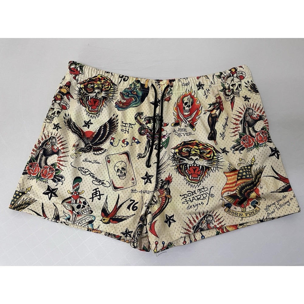 Y2K Ed Hardy Flashboard Mesh Shorts Size XXL Multi Color All Over Print